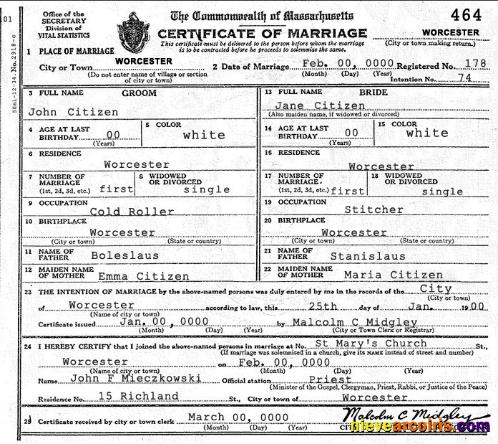 USA Massachusetts marriage certificate